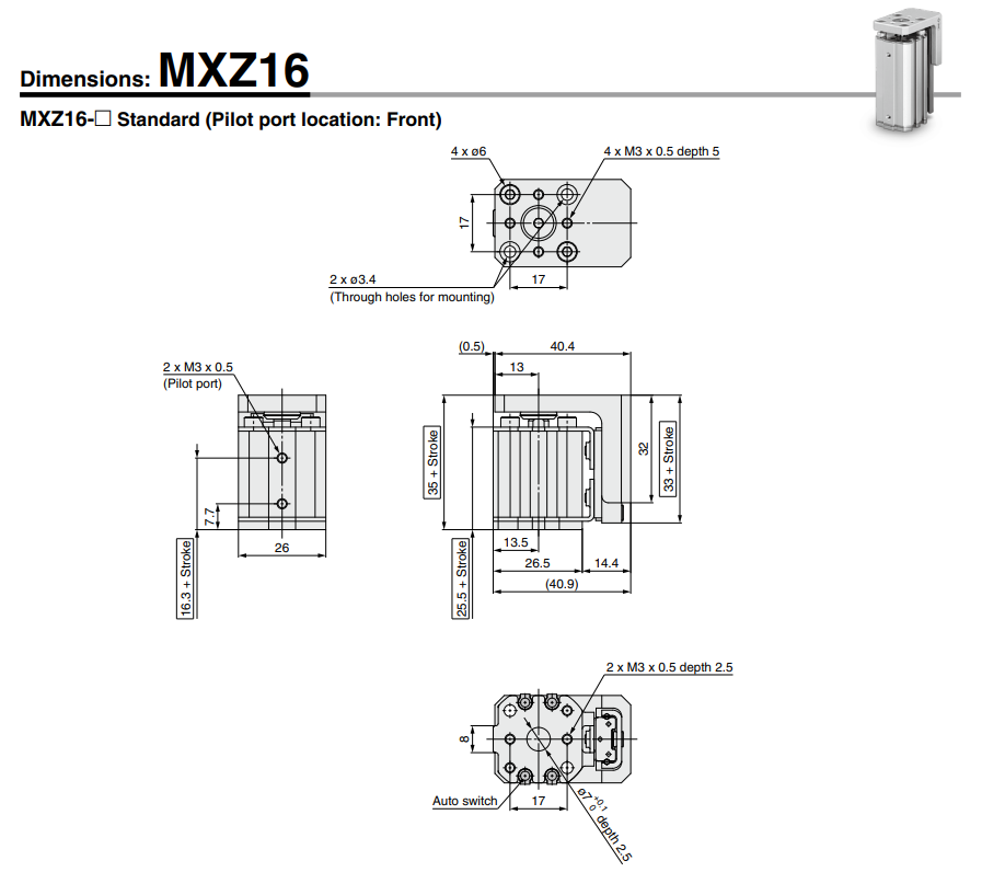 Compact Cylinder with Linear Guide MXZ Series ø12, ø16, ø20, ø25 MXZ25-30