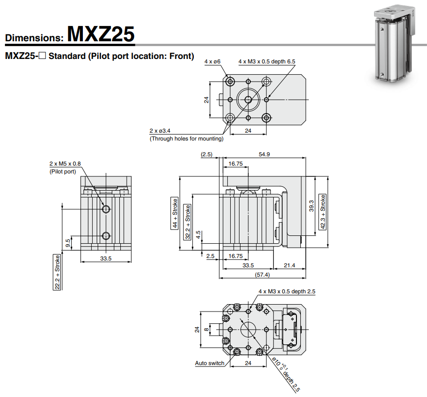 Compact Cylinder with Linear Guide MXZ Series ø12, ø16, ø20, ø25MXZ25-20