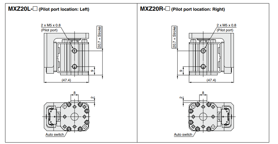 Compact Cylinder with Linear Guide MXZ Series ø12, ø16, ø20, ø25MXZ25-10